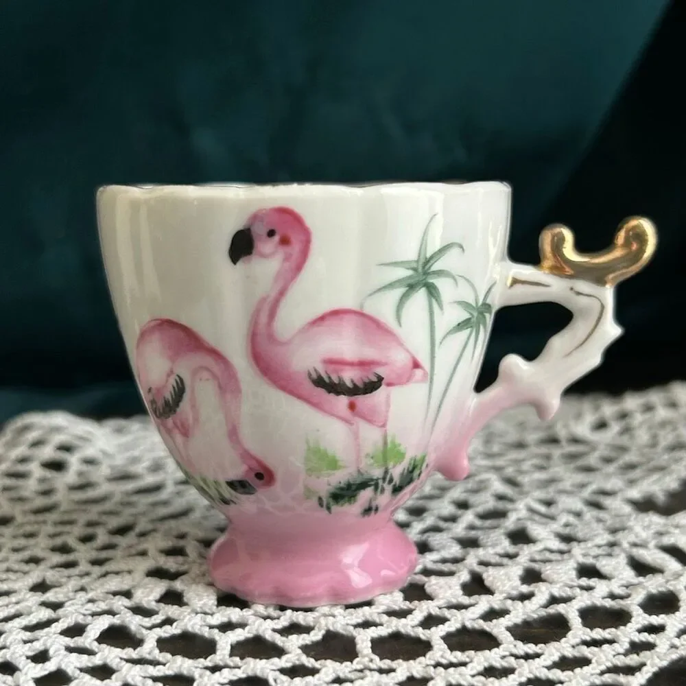 Vintage 50’s Ohashi China Flamingo Florida Travel Souvenir Demitasse Cup Gold Gi